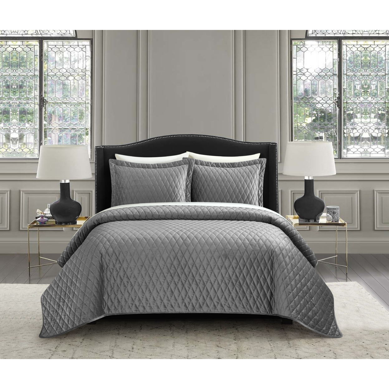 NY&C Home NYandC Home Dafa 3 Piece Velvet Quilt Set Diamond Stitched Pattern Bedding
